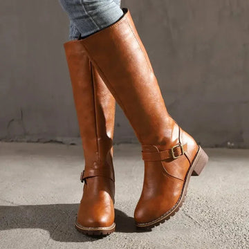 Women’s Knee-High Boots – Sleek Snug Fit – Buckle Detail – Leather-Look Finish