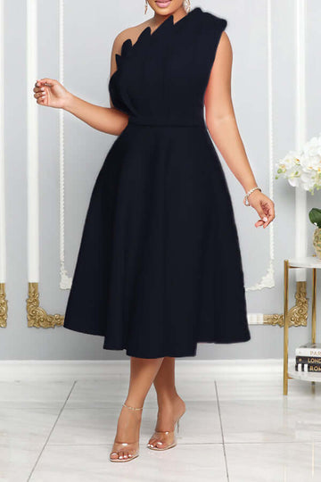 Women's One-Shoulder Midi Dress - Elegant A-Line Fit - Sculpted Detailing - Formal Wear