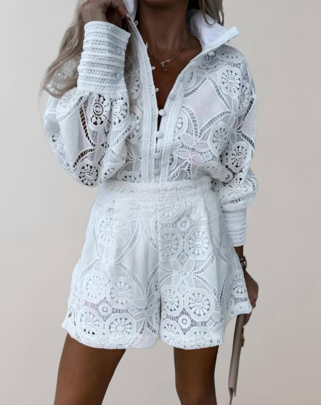 Women’s Lace Two-Piece Set – Long Sleeve Top – Fitted Waist Mini Skirt – Elegant Fit