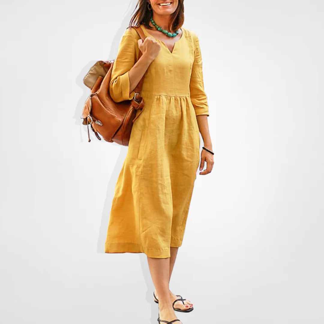 Women's Midi Dress - Lightweight Breathable Fabric - V-Neck - Three-Quarter Sleeve - Gathered Waist