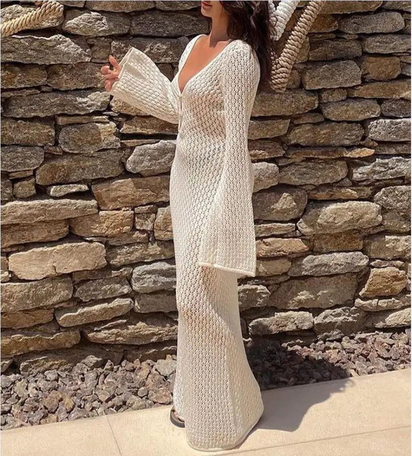 Farah | Long knitted beach dress with V-neck bikini cover-up dress