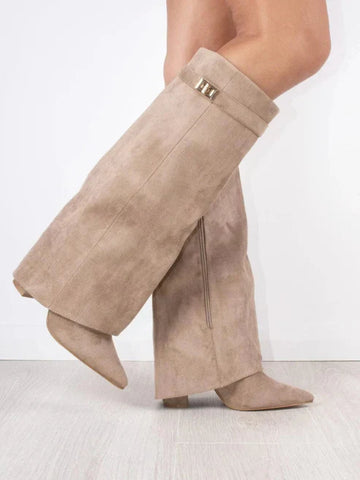 Olivia Suede Flap Knee-High Boots | Buckle Detail Block Heel Boots