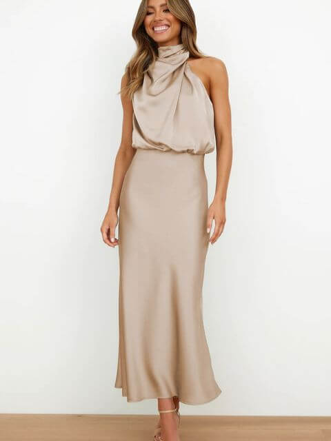 Women's Satin Dress - Halter Neck - Sleeveless Fitted Silhouette - Elegant Evening Wear