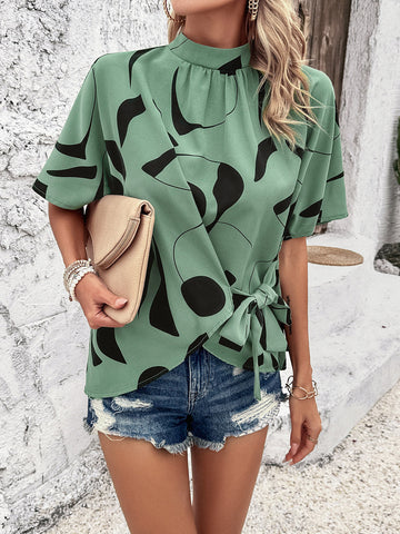 Women's Blouse - High Gathered Neckline - Short Sleeves - Abstract Print - Relaxed Fit with Adjustable Waist Tie