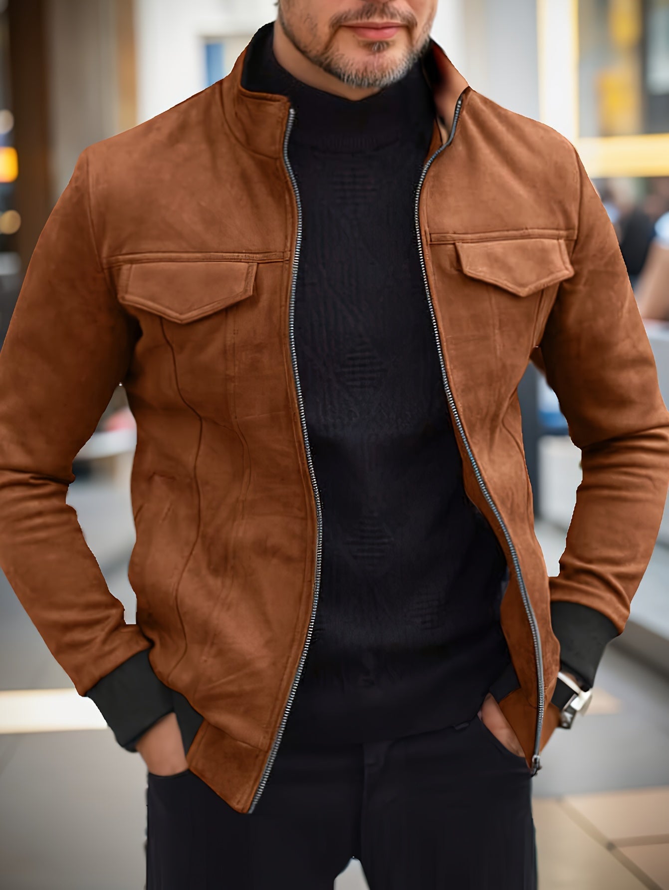 Men’s Suede Jacket – Slim Fit – Stand Collar – Zip Front – Chest Flap Pockets