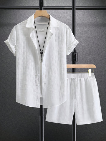 Men’s Short-Sleeve Shirt & Shorts Set - Relaxed Fit - Button-Up - Elastic Waist