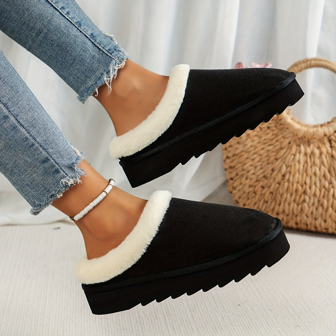 Slip on platform plush fuzzy shoes for women