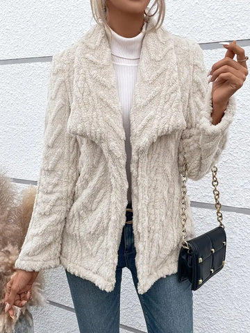 Women’s Fleece Jacket – Relaxed Fit – Shawl Collar – Open Front – Hip Length Layer