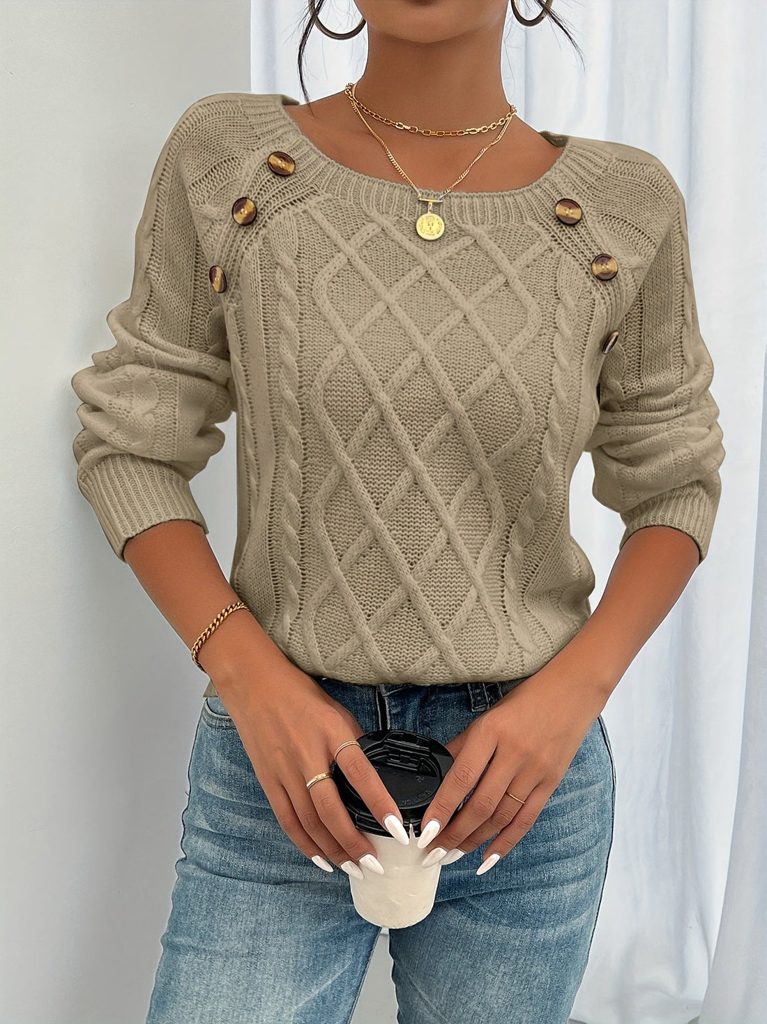 Women’s Knit Top – Relaxed Fit – Cable Knit Texture – Boat Neck – Long Sleeves
