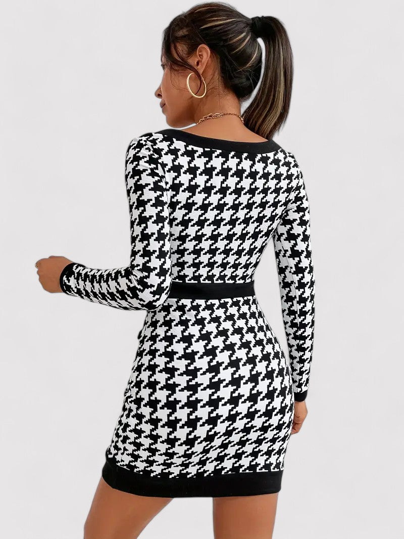 Houndstooth square neck mini dress for women