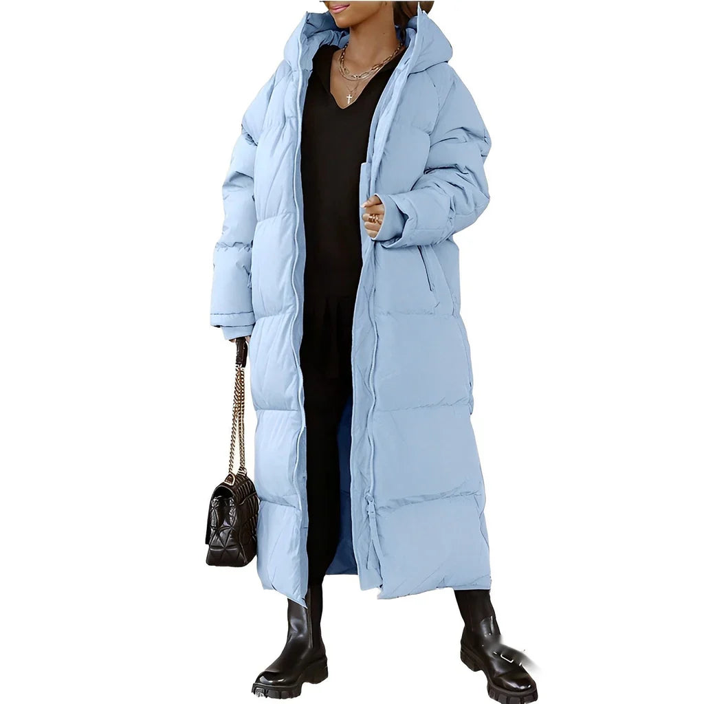Women’s Long Coat – Quilted Padded – Oversized Fit – Hooded Full-Length Outerwear