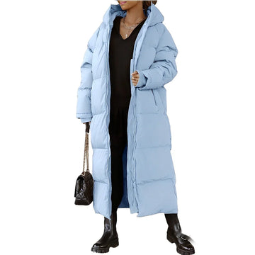 Women’s Long Coat – Quilted Padded – Oversized Fit – Hooded Full-Length Outerwear