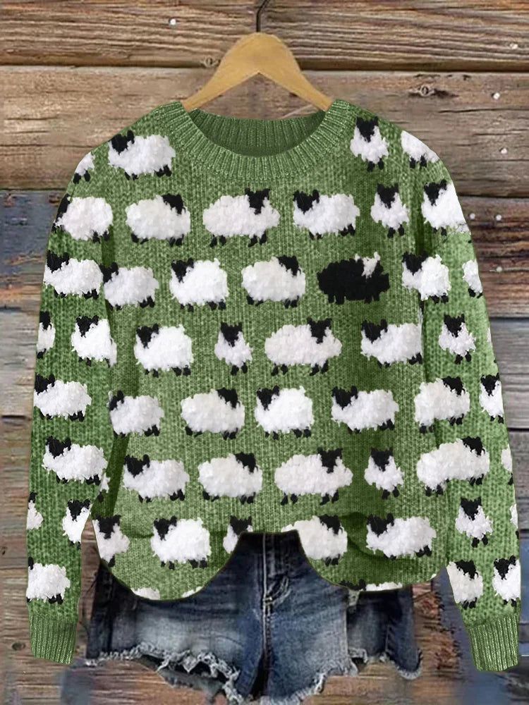 Women’s Pullover Sweater – Relaxed Fit – Wool Knit – Crew Neck – Sheep Print