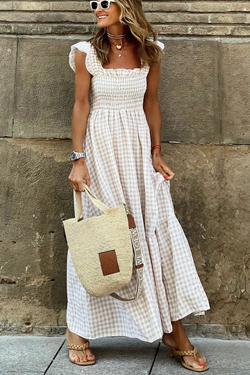 Women's Maxi Dress - Gingham Pattern - Smocked Bodice - Flutter Sleeves - Flowing Fit