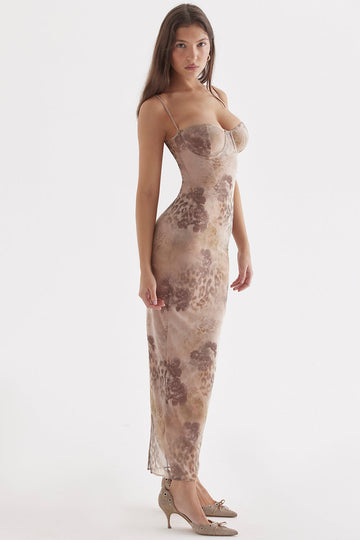 Women’s Maxi Dress – Floral Print – Corset Bodice – Spaghetti Straps – Bodycon Fit