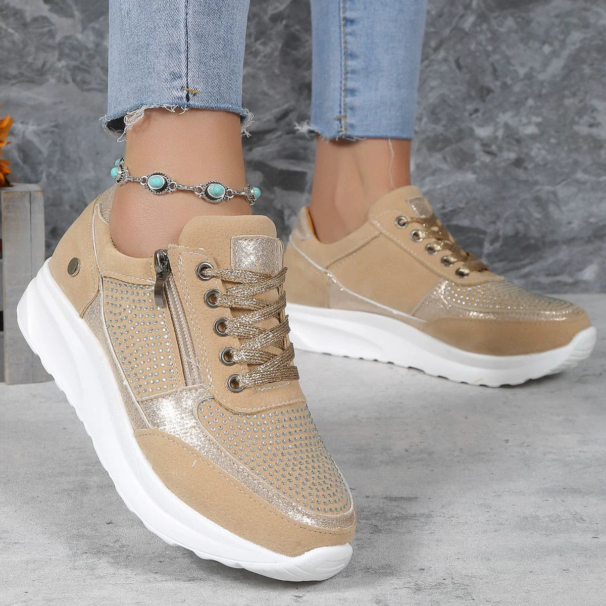 Women’s Sneakers - Cushioned Comfort - Supportive Fit - Side Zip Casual Wear