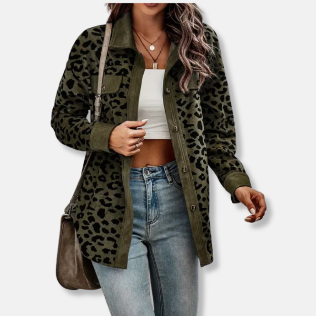 Women’s Shacket – Relaxed Fit – Corduroy Ribbed Texture – Button-Up Long Sleeve – Animal Print