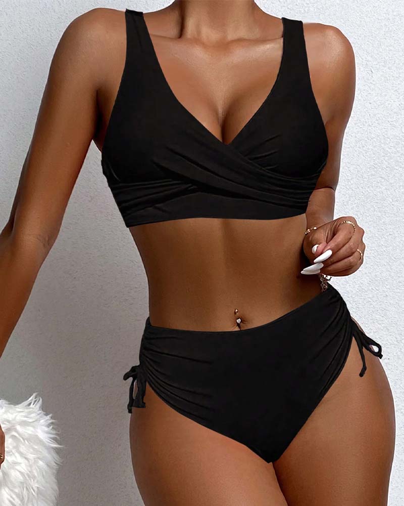 Women’s Bikini Set – High Waist – V-Neck Wrap Top – Adjustable Side Detail