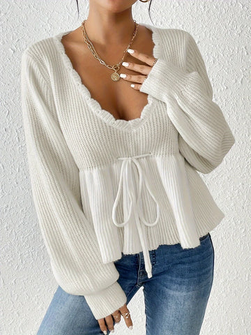 Women’s Pullover Sweater – Ribbed Knit – Relaxed Fit – V-Neck – Drawstring Waist – Ruffled Hem