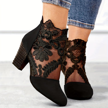 Floral pattern lace ankle boots for women