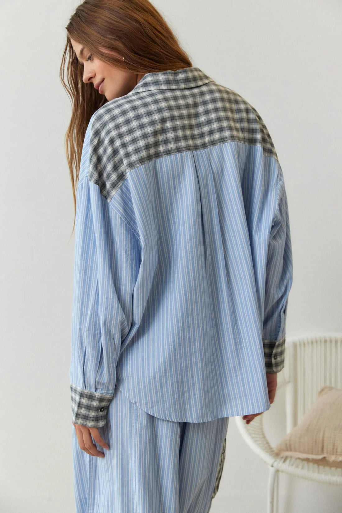 Women’s Pajama Set – Cotton Blend – Oversized Fit – Striped with Plaid Accents