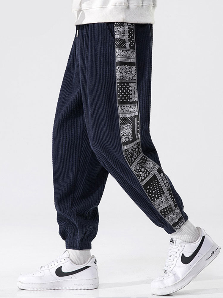 Corduroy paisley print panel pants for men