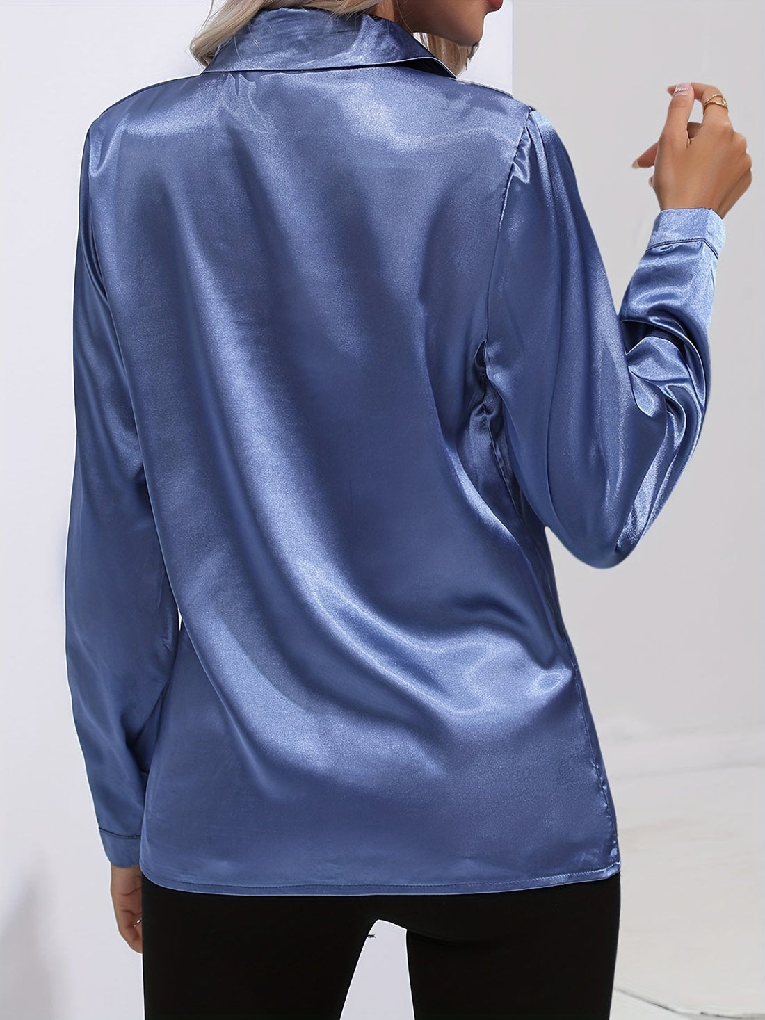 Women's Blouse - Silky Satin - Collared Neckline - Long Sleeve Buttoned Cuffs