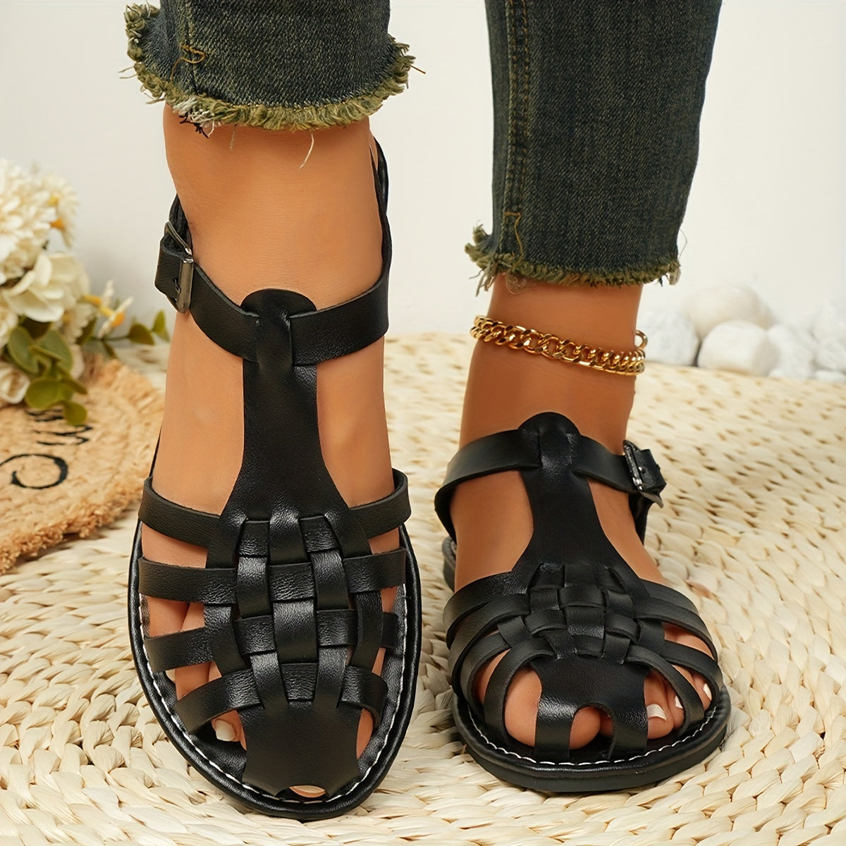 Ankle buckle strap sandals for women, featuring adjustable straps and a comfortable, flat sole.