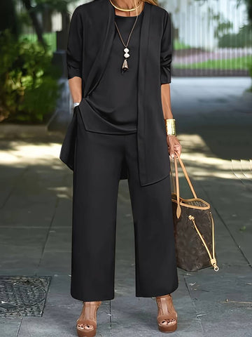 Women’s Three-Piece Suit – Relaxed Fit – Long Open Jacket – Wide-Leg Trousers