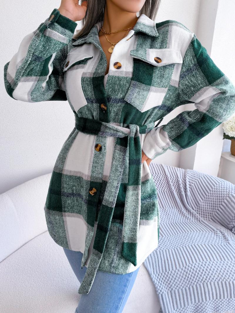 Belted button down plaid shacket for women