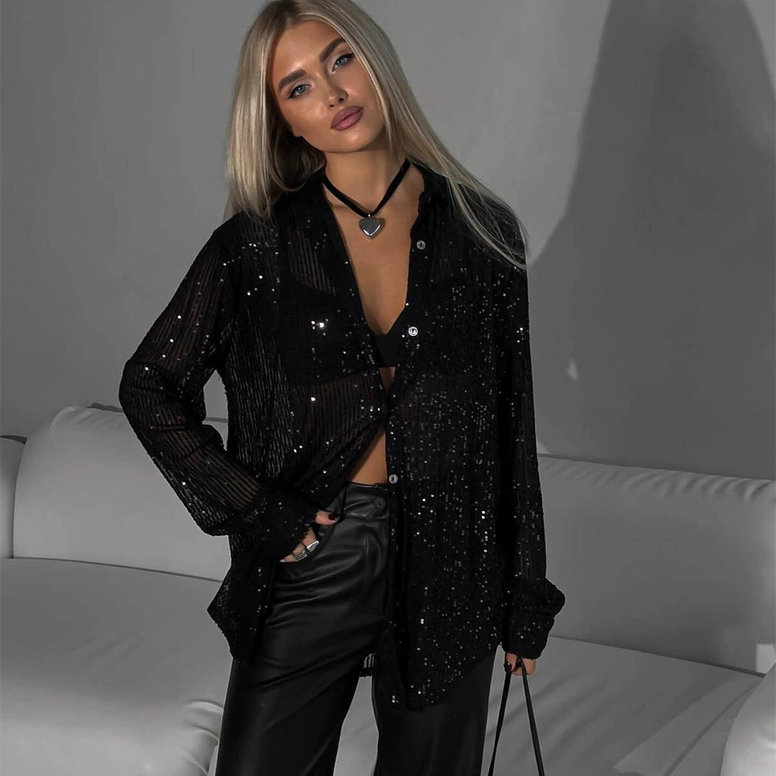 Women’s Sequin Blouse – Relaxed Fit – Long Sleeve – Button Down Partywear