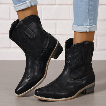 Women's Western Boots - Embroidered Leather - Pointed Toe - Mid-Calf - Block Heel