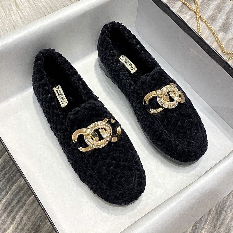 Plush fur chain loafer shoes for women