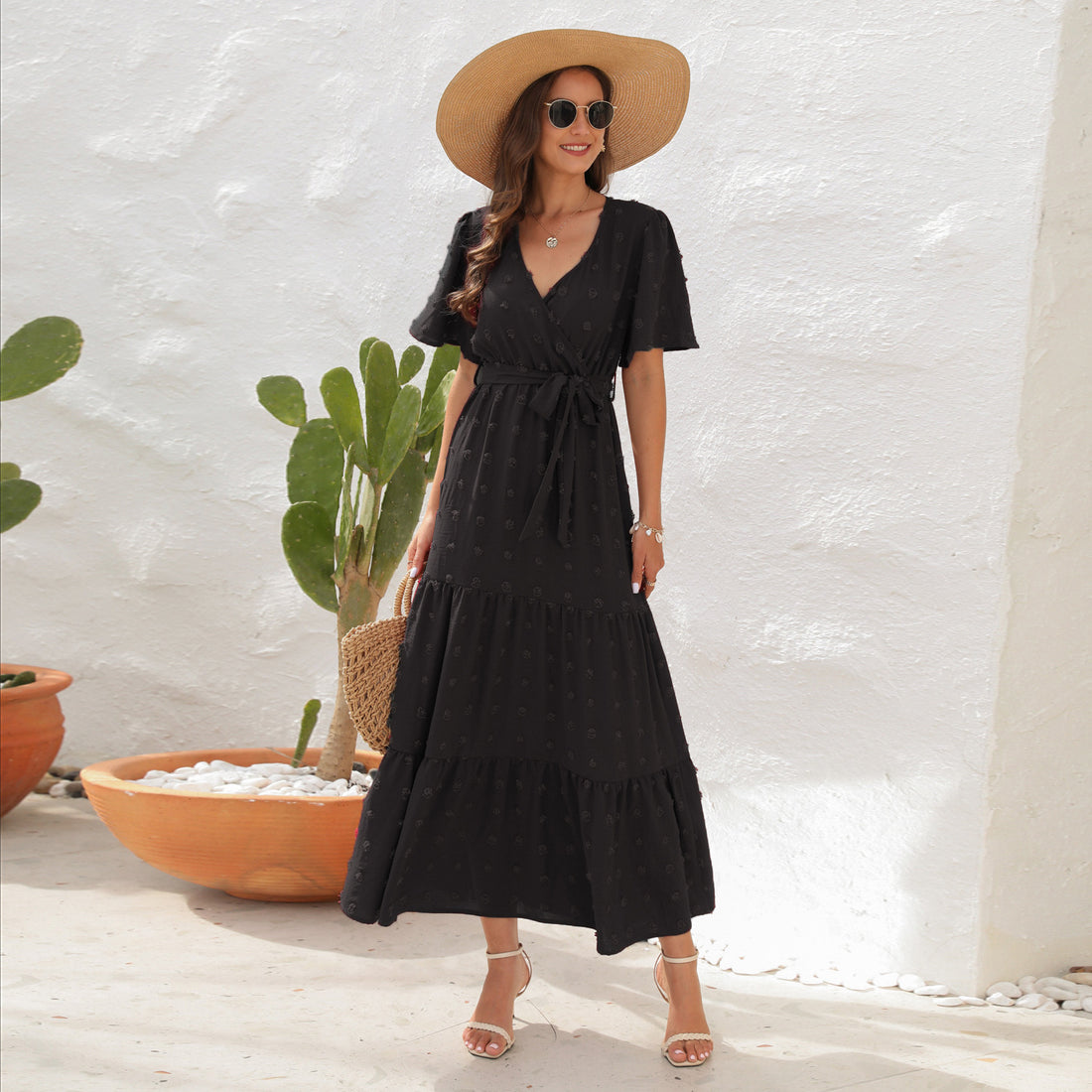 Women's Midi Dress - Swiss Dot Fabric - V-Neck - Short Sleeves - Ruffle Detail - Fitted Waist