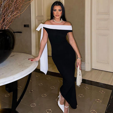 Elegant Off-Shoulder Midi Dress with Oversized Bow Accent