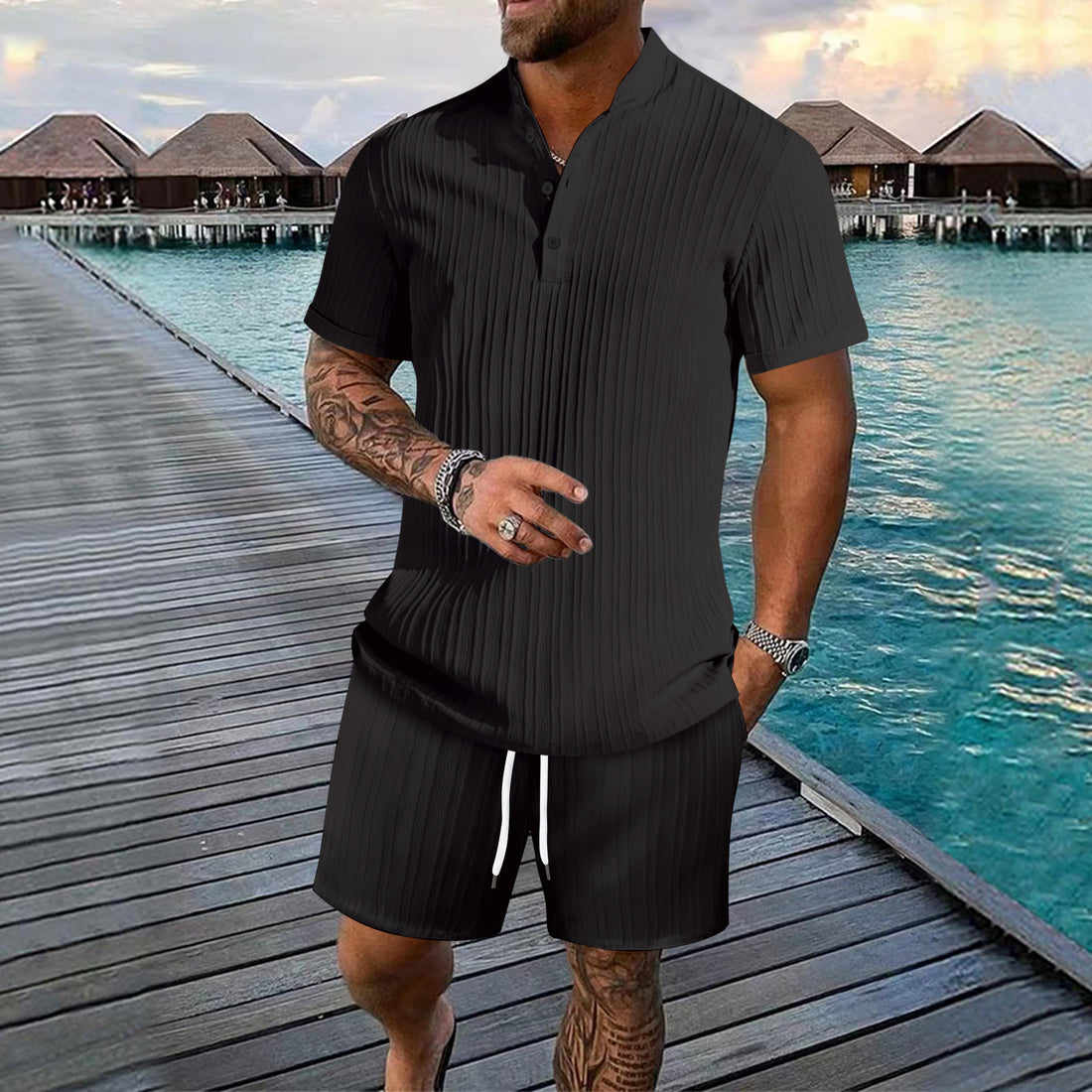 Men's Ribbed Short Sleeve Polo Set - Button Closure - Relaxed Fit - Casual Summer Beachwear