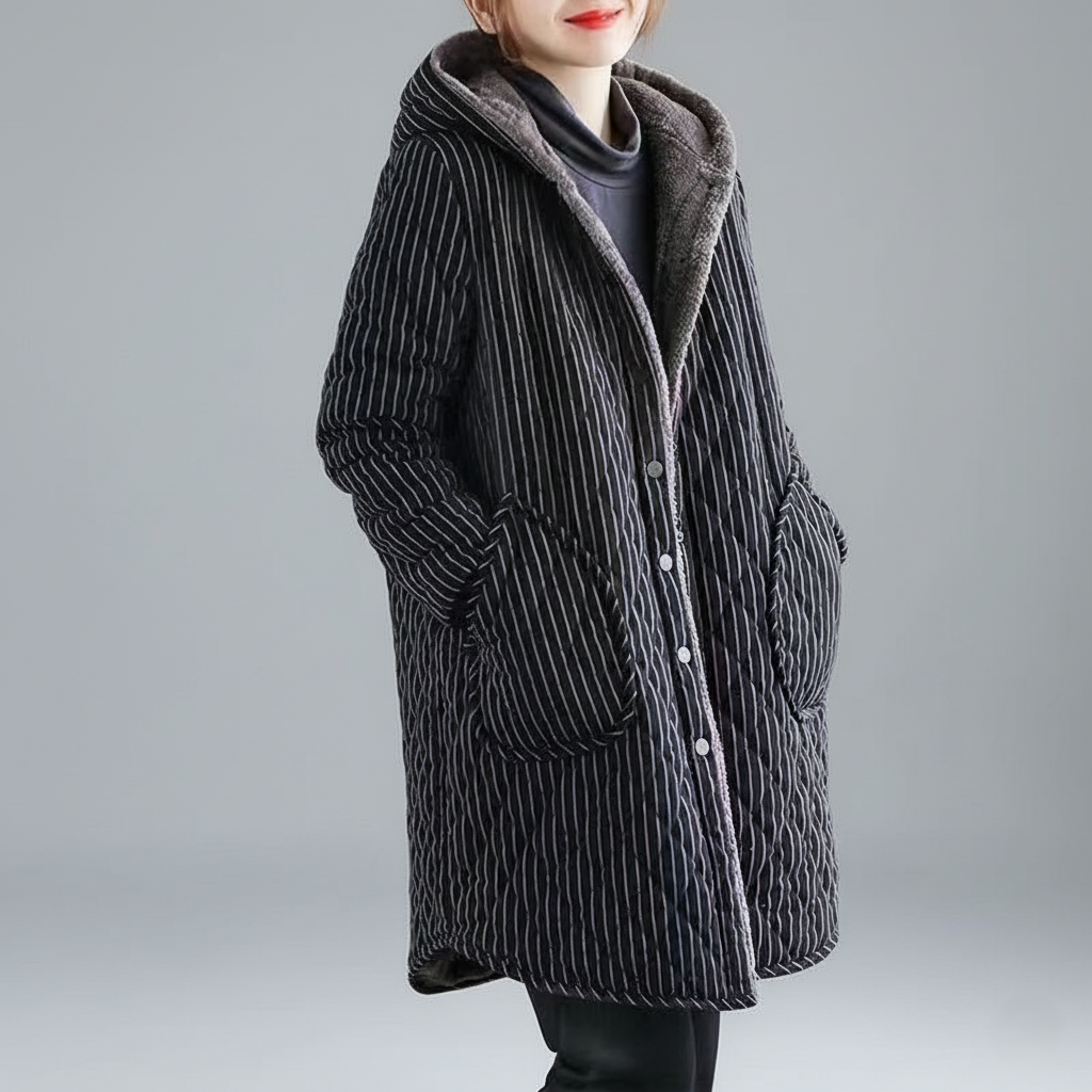 Women's Quilted Hooded Coat - Knee Length - Button Closure - Warm & Stylish