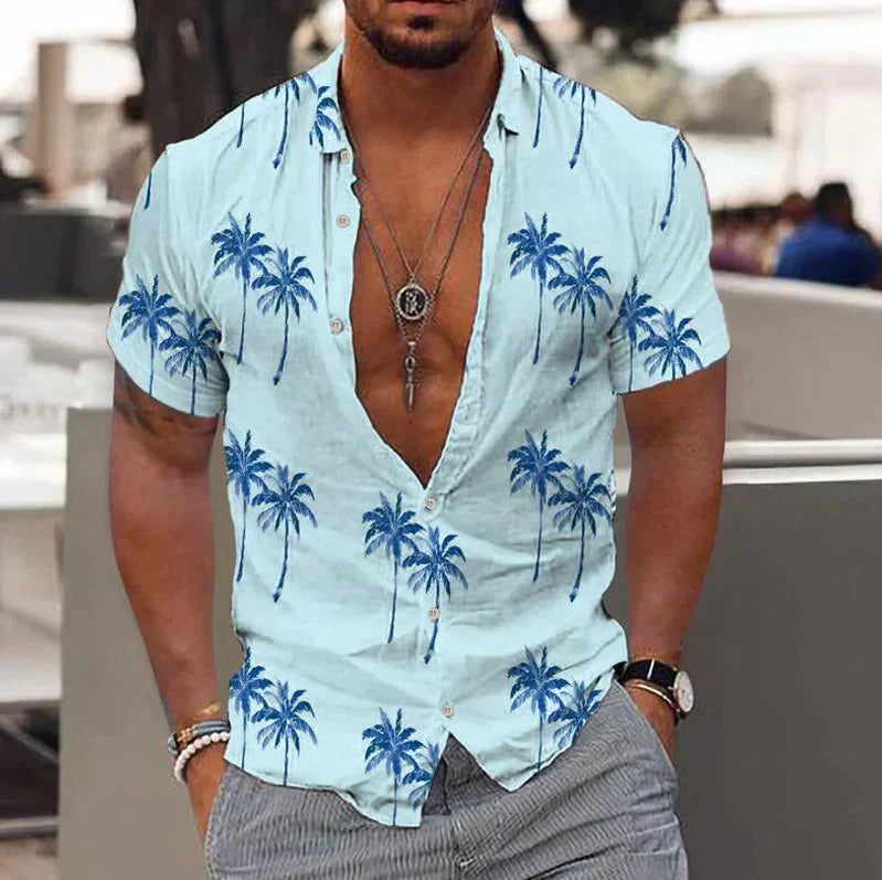 Men’s Short Sleeve Shirt – Relaxed Fit – Button-Down – Tropical Print – Natural Fibers