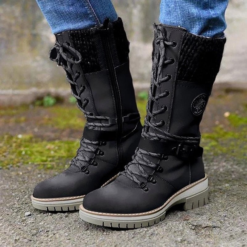 Women’s Mid-Calf Boots – Water-Resistant – Knitted Cuff – Lace-Up – Side Zip – Gripped Sole – Buckle Strap