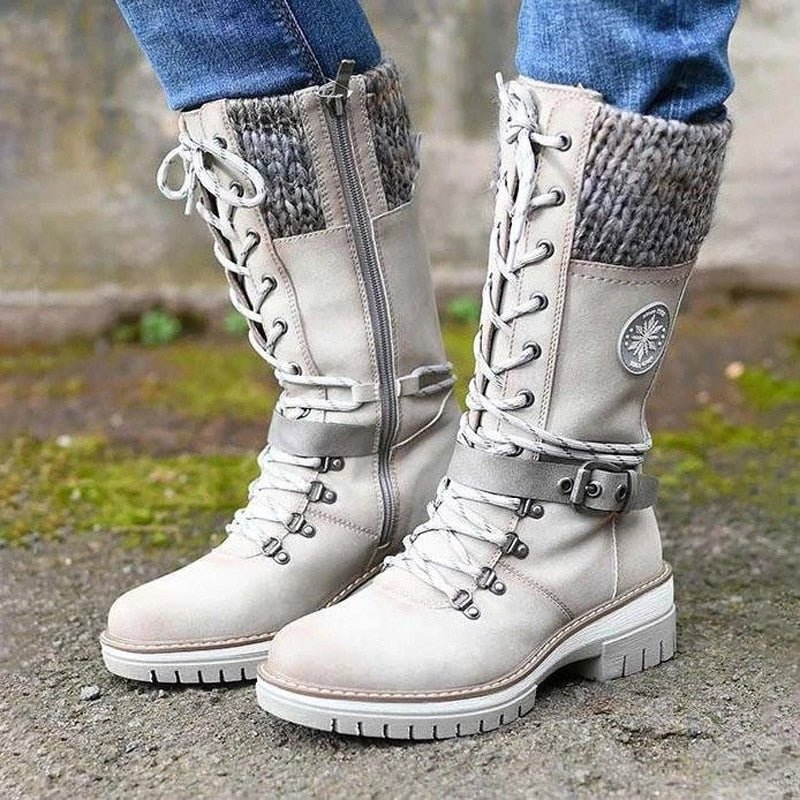 Women’s Mid-Calf Boots – Water-Resistant – Knitted Cuff – Lace-Up – Side Zip – Gripped Sole – Buckle Strap