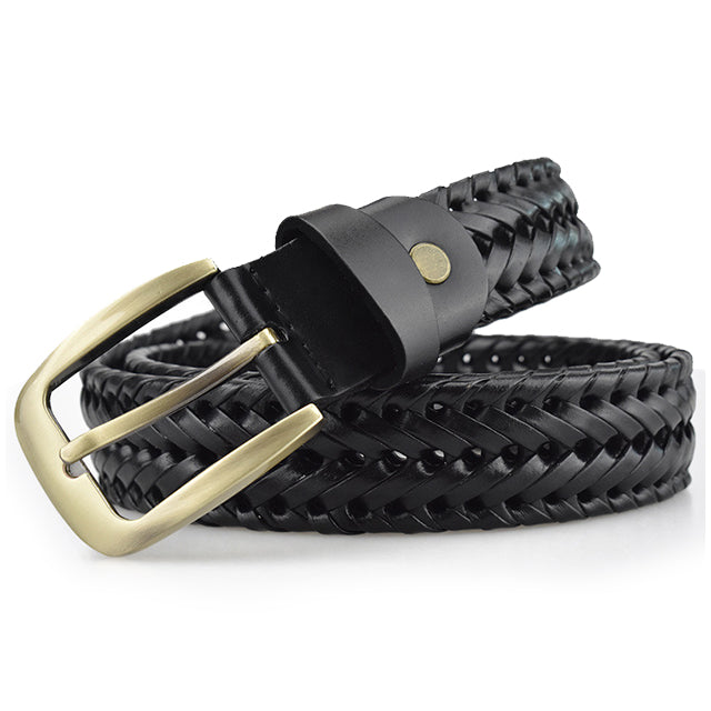 Black braided leather with buckle belt for men