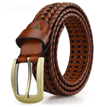 Brown braided leather with buckle belt for men