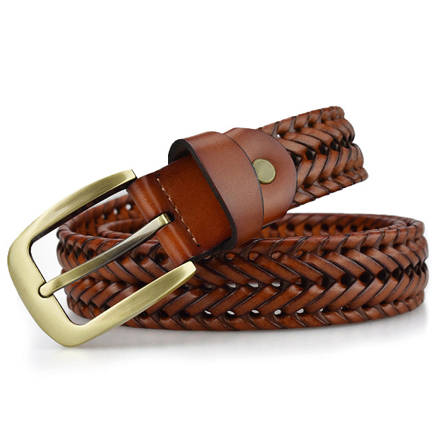 Brown braided leather with buckle belt for men