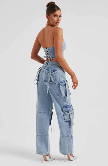 Women’s Denim Corset – Cropped Structured Fit – Lace-Up Back – Bustier Style Top