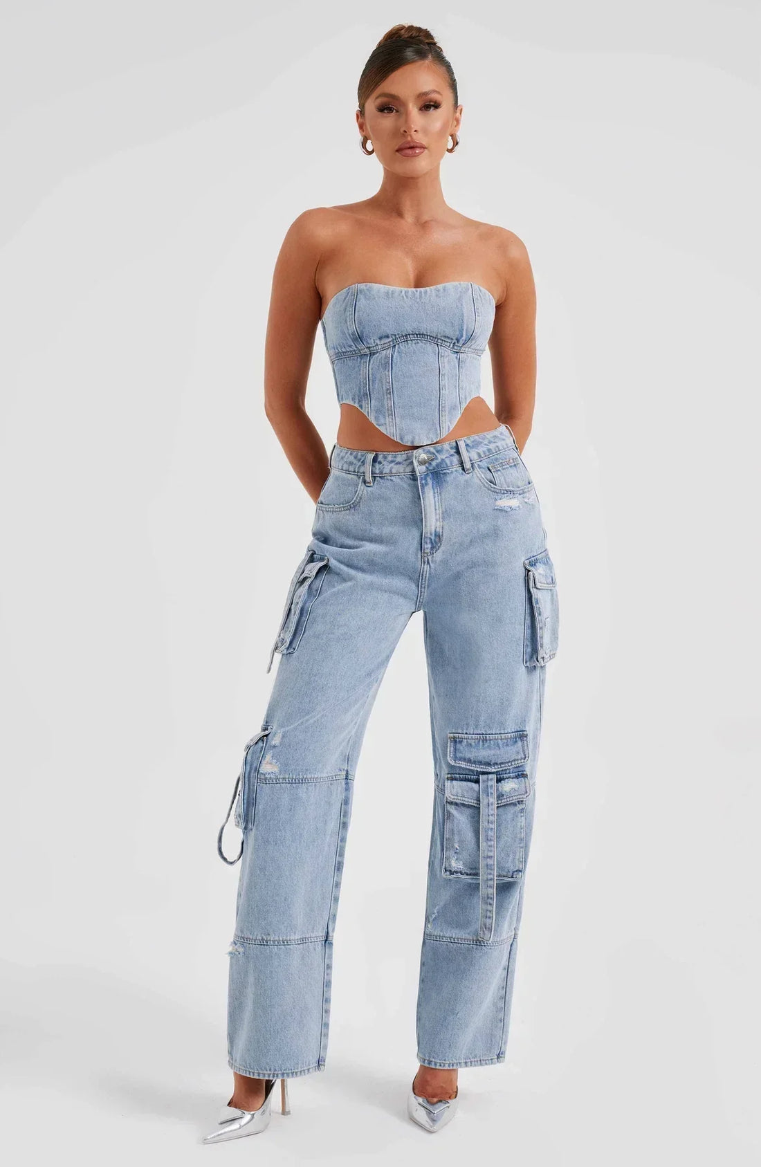Women’s Denim Corset – Cropped Structured Fit – Lace-Up Back – Bustier Style Top