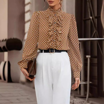 Polka dots ruffle trim blouse for women
