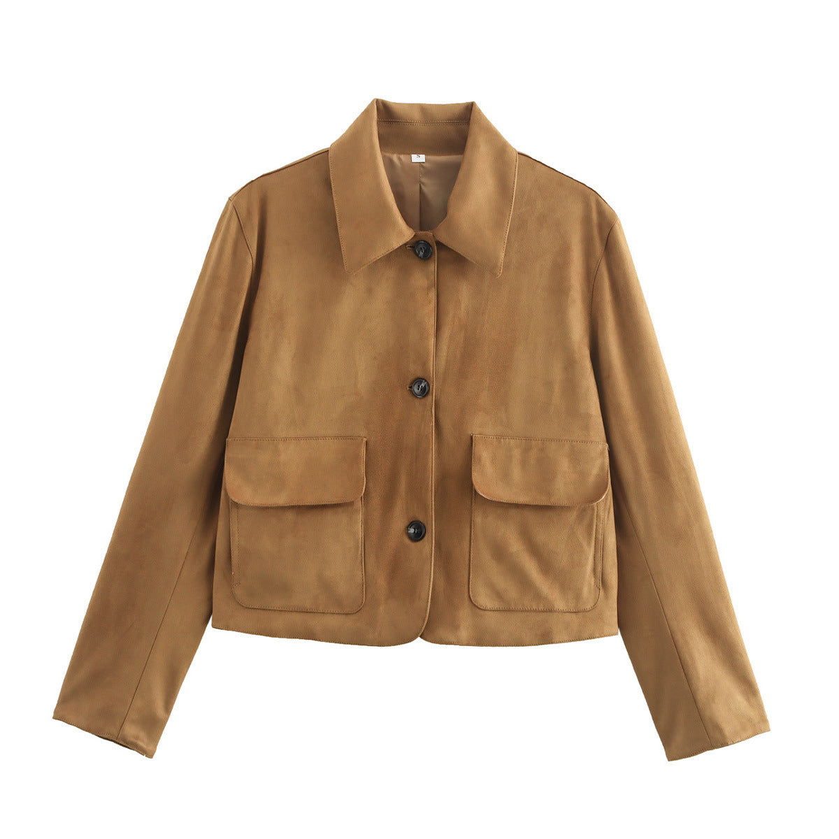 Women’s Suede Jacket – Boxy Fit – Button-Up Front – Classic Collar – Patch Pockets