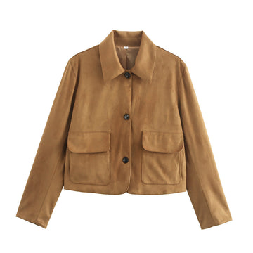 Women’s Suede Jacket – Boxy Fit – Button-Up Front – Classic Collar – Patch Pockets
