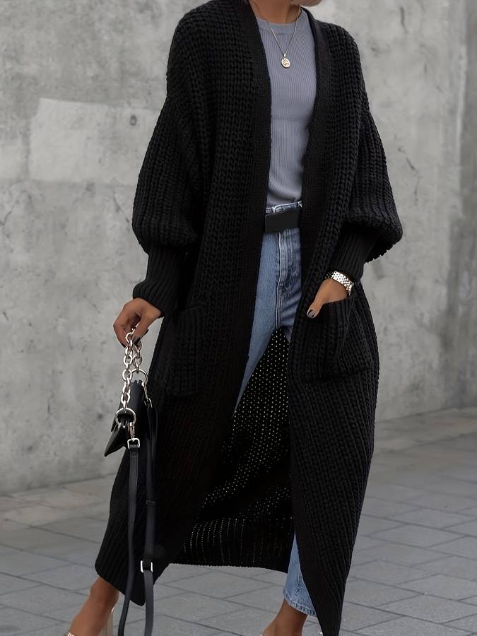 Women’s Long Cardigan – Chunky Knit – Oversized Fit – Open Front – Balloon Sleeves