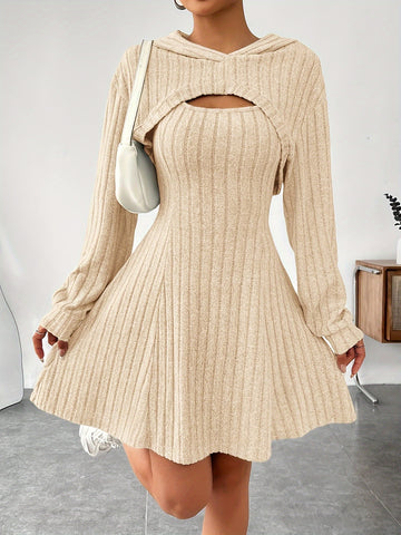 Ribbed hoodie dress set for women